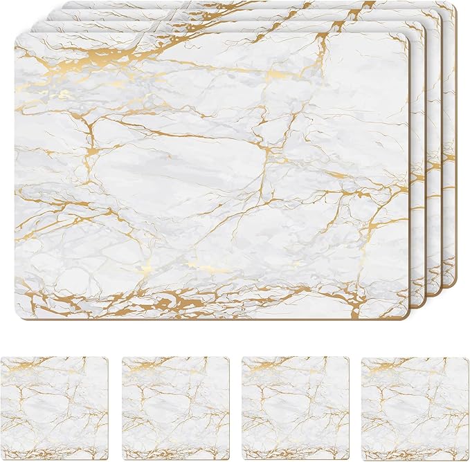 Set of 4 Heat Resistant Cork Placemats for Dining Table with Free Set of 4 Matching Drink Coasters Marble Design 16 x 12 Inches Cork Backed Hard Placemats (Foiled Gold) by Moderry