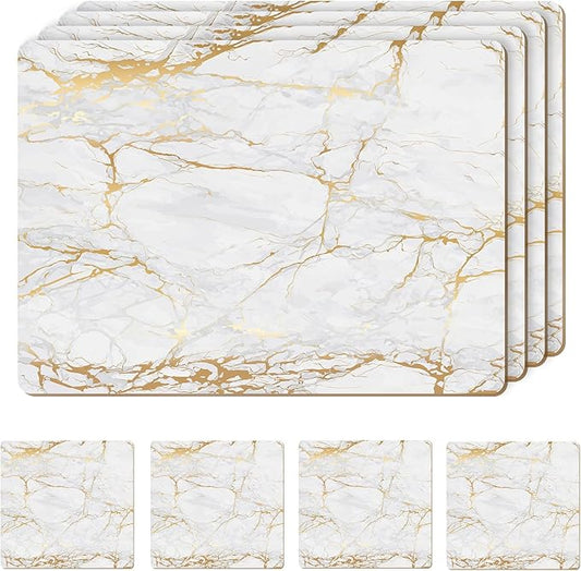 Set of 4 Heat Resistant Cork Placemats for Dining Table with Free Set of 4 Matching Drink Coasters Marble Design 16 x 12 Inches Cork Backed Hard Placemats (Foiled Gold) by Moderry
