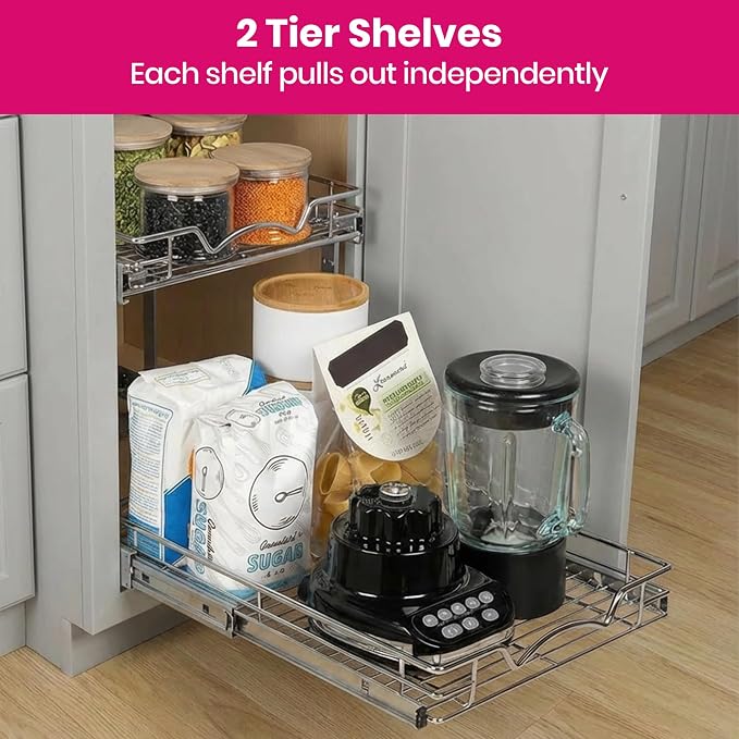 2-Tier Pull-Out Cabinet Organizer for Kitchen, 26"W x 21”D x 16.5"H | Full-Extension Sliding Shelves, Holds 100 lbs, Easy Install for Kitchen, Pantry & Under Sink Cabinets - Image 6