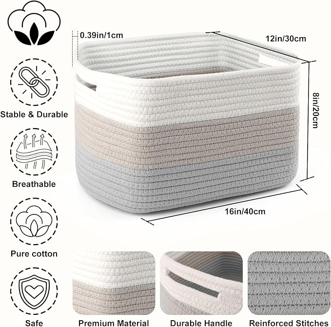4 Pack Large Storage Baskets for Organizing, 16''Lx12''Wx8''H Woven Baskets for Storage Toys, Towels, Books, and Clothes, Cotton Rope Basket for Shelves with Handle - Image 2