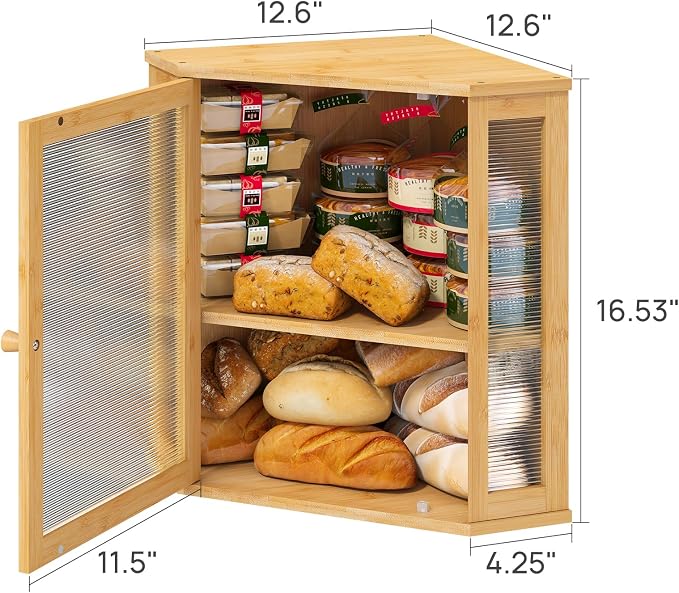 viewcare Corner Bread Box for Kitchen Counter, Bamboo Wood Large Capacity Bread Storage Bin with Acrylic Wavy Door Panel (Natural, Extra Large) - Image 6