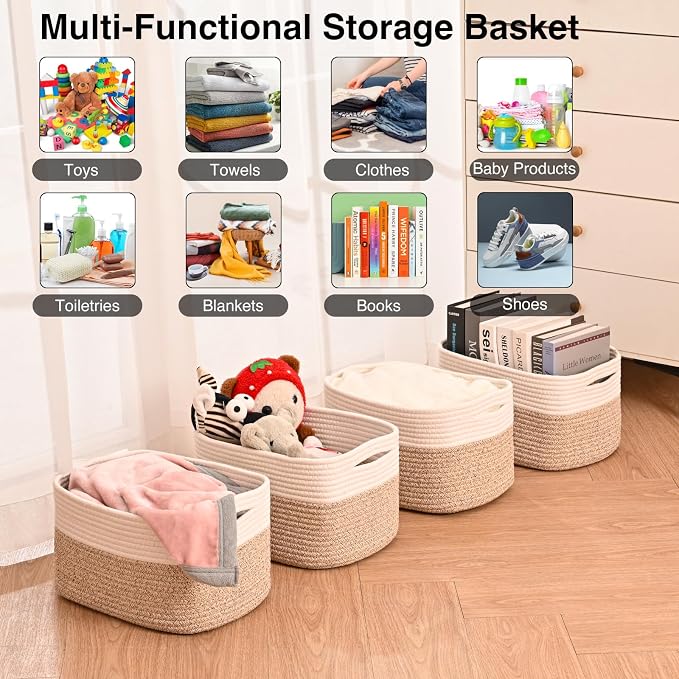 ICERZCZ Storage Baskets for Shelves, Woven Storage Basket, Bins for Cube Storage, Cotton Rope Basket with Handles for Toy, Book, and Clothes Living Room, (4 Packs) Off White & Brown - Image 4