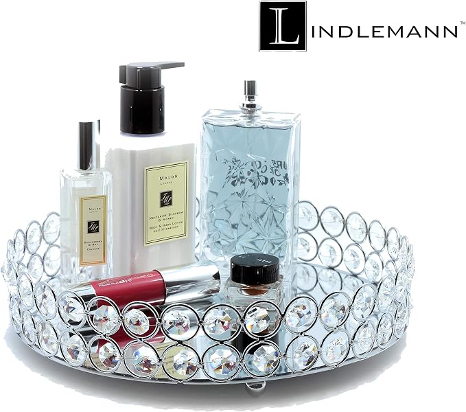 Crystal Decorative Tray Metal Mirrored Perfume Cosmetic Organizer Jewelry Trinket Display Storage Vanity Trays Home Décor Accents Luxury Gift (Round, 10in, Silver) - Image 5