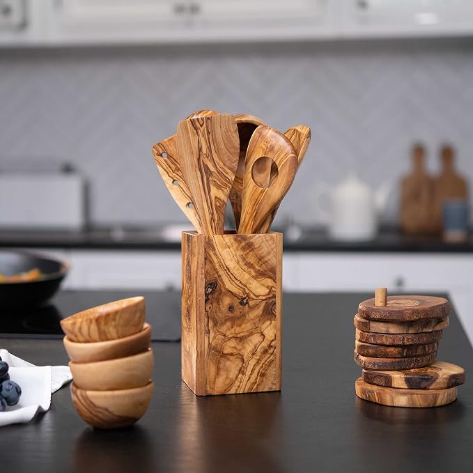 Olive Wood Large Utensil Holder - 6 x 4 Wooden Kitchenware Organizer - Rustic Utensil Holder - Handmade Spoons Holder for Countertop - Cooking Utensil Crock - Kitchen Tool & Accessories - Image 7