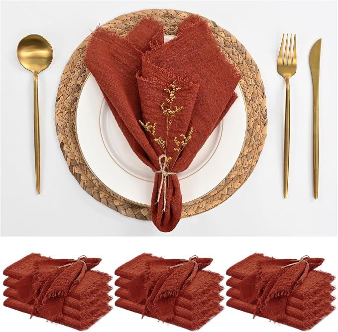 12 Pack Terracotta Napkins Cotton Linen Napkins 16 x 16 Inch Terracotta Cloth Napkin Handmade with Fringe Soft Washable Rustic Dinner Napkin Cloths for Wedding Party Dinner Table by ABKLESACH