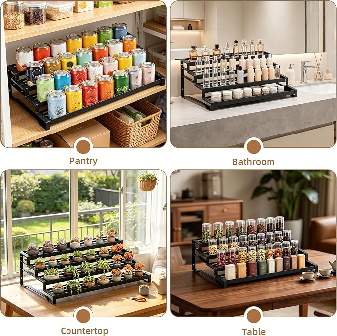 Expandable Spice Rack Organizer for Cabinet 4 Tier Spicy Shelf Black 1Pack | Adjustable Length 13"-21", Easy to See Labels, Sturdy Metal, Slip-Resistant Guardrails for Jars, Cabinet & Countertop Storage - Image 4