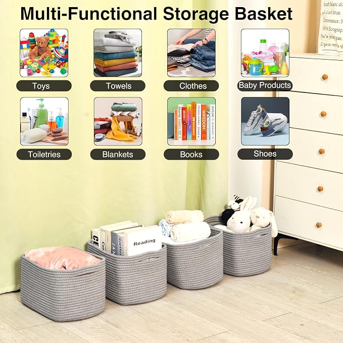 ICERZCZ Small Storage Baskets for Shelves Organizing, Woven Cotton Rope Baskets for Storage, Book Basket, Decorative Shelf Basket, 12.5"Lx9.1''Wx7.9''H (4 Packs) Grey - Image 4
