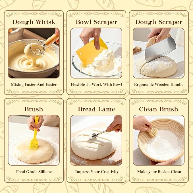 Sourdough Starter Kit, Sourdough Bread Baking Supplies, Round & Oval Banneton Bread Proofing Basket, Bread Sling, Starter Jar, Dough Whisk, Scrapers, Stencils & Bag, Complete Sourdough Kit Gifts - Image 5