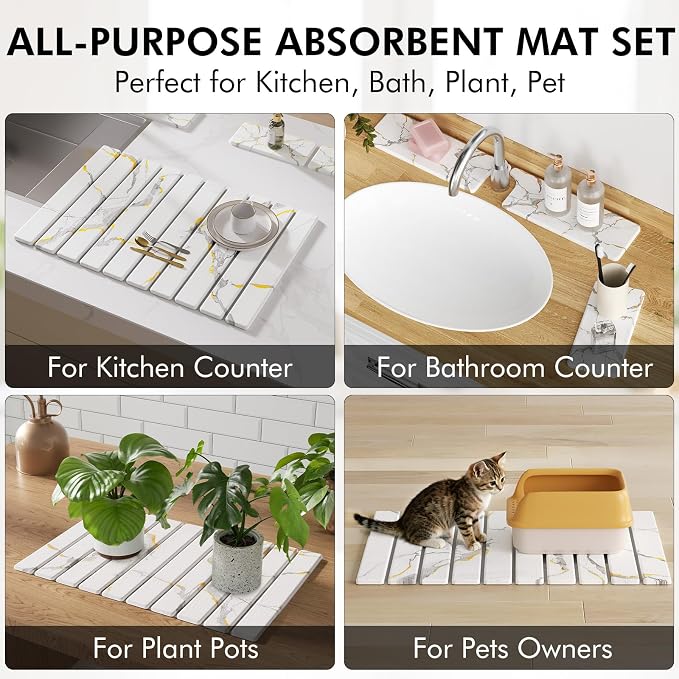 4 Pcs Stone Dish Drying Mat Set, 24''x16'' Fodable Large Diatomaceous Earth Drying Mat, Faucet Mat and 2 Coasters for Kitchen Counter, Super Absorbent Quick Dry Mats for Dishes Bottles Cups - Image 8