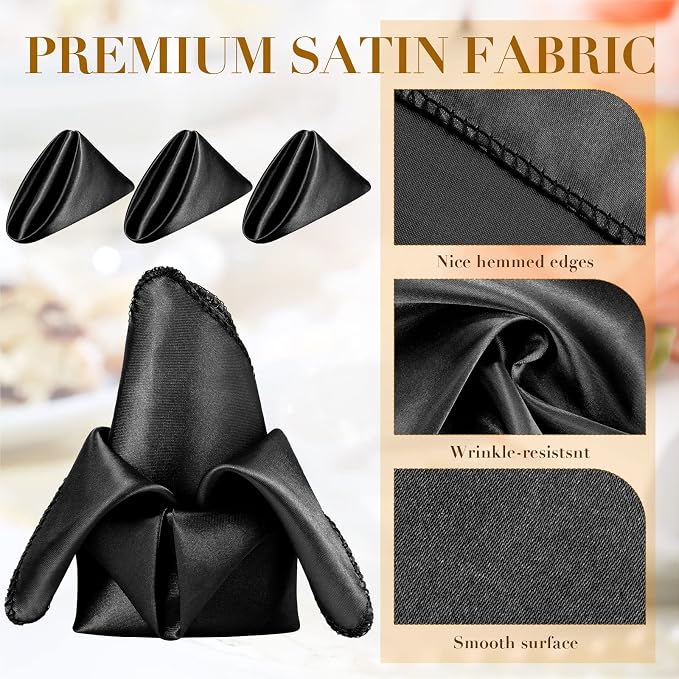 Tegeme 100 Pcs 17 x 17 Inch Black Satin Napkins Bulk Square Cloth Napkins Set Soft Silk, Hemmed Edges, Washable and Reusable for Party Wedding Dinner Banquet Restaurant Table Decorations(Black) - Image 4