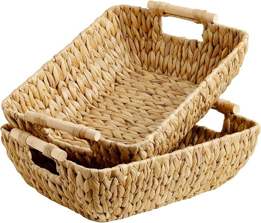 StorageWorks Hand-Woven Storage Baskets with Wooden Handles, Water Hyacinth Wicker Baskets for Organizing, 2 Pack by StorageWorks