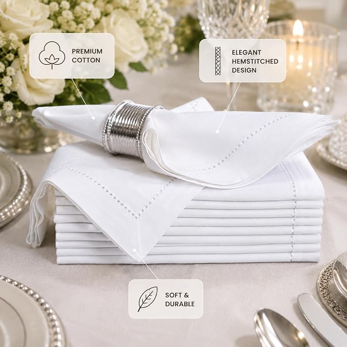 ALPHA Living HOME White Cloth Napkins Set of 12, 20x20 Inch - Absorbent Cotton Blend, Washable & Reusable Dinner Napkins for Home, Restaurant, Wedding, Hotel & Party Use - Image 4