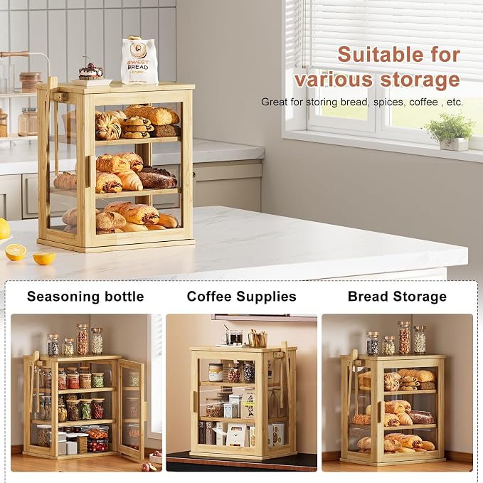 WOWLIVE Bread Box for Kitchen Countertop, 3 Layers Bread Storage Container | Large Bamboo Bread Bin for Homemade Bread with Window, Farmhouse Breadbox Organizer for Kitchen, Cabinet, Natural, Meduim - Image 6