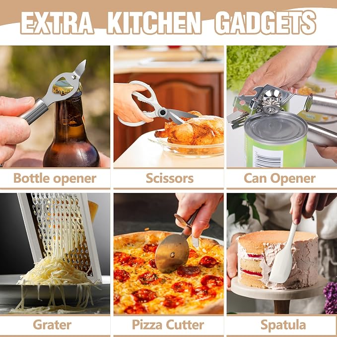 Umite Chef Silicone Kitchen Utensil Set, 34PCS Heat Resistant Kitchen Gadgets and Tools With Grater, Cream White Wood Handles for Nonstick Cookware - Image 3