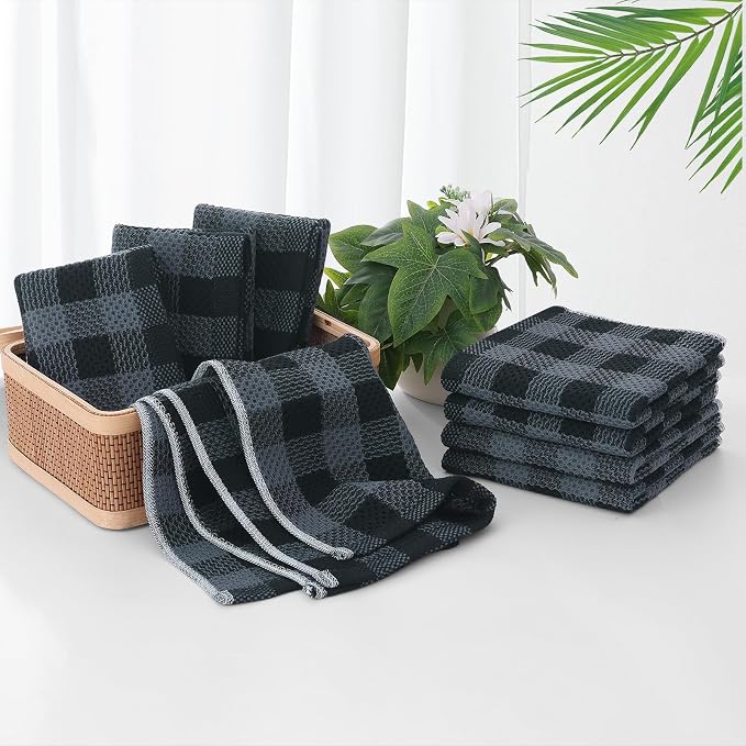 Homaxy Kitchen Towels and Dishcloths Set, 12" x 12" and 13" x 28", Set of 8 Bulk Cotton Waffle Weave Dish Towels, Super Soft Absorbent Hand Towels for Kitchen, Grey & Black - Image 7