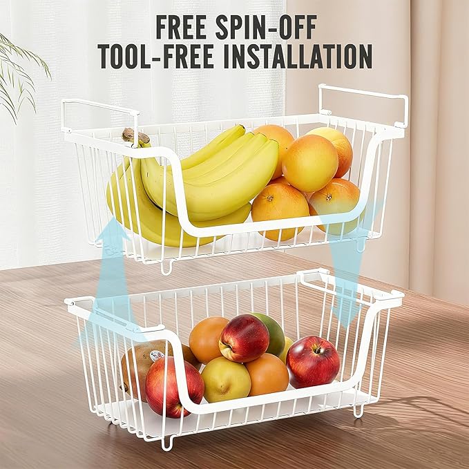 6 Pcs Stackable Wire Baskets for Pantry Organizers and Storage, | Vegetable Fruit Basket for Countertop,Kitchen Storage Metal Baskets,Produce Potato Onion Storage Bin,White - Image 4