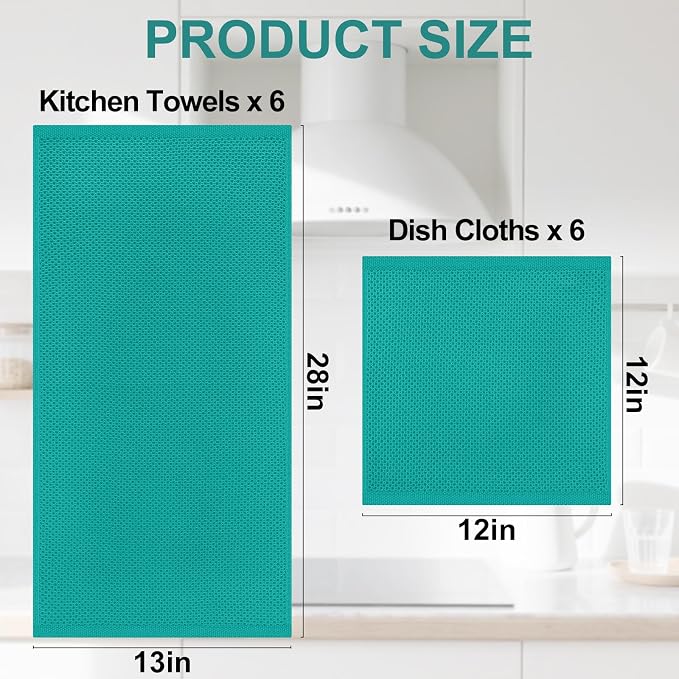 Homaxy 12 Pack 100% Cotton Kitchen Towels and Dishcloths Set, Teal | 12 x 12 Inches and 13 x 28 Inches Kitchen Towels Set, Ultra Soft Absorbent Dish Cloths for Washing Dishes - Image 4