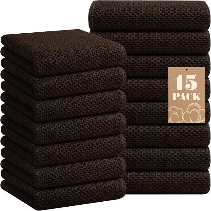 Homaxy 100% Cotton Waffle Weave Kitchen Towels, 15-Pack, Dark Brown | Ultra Soft Absorbent Dish Towels, Quick Drying Cleaning Towels, 13 x 28 Inches by Homaxy