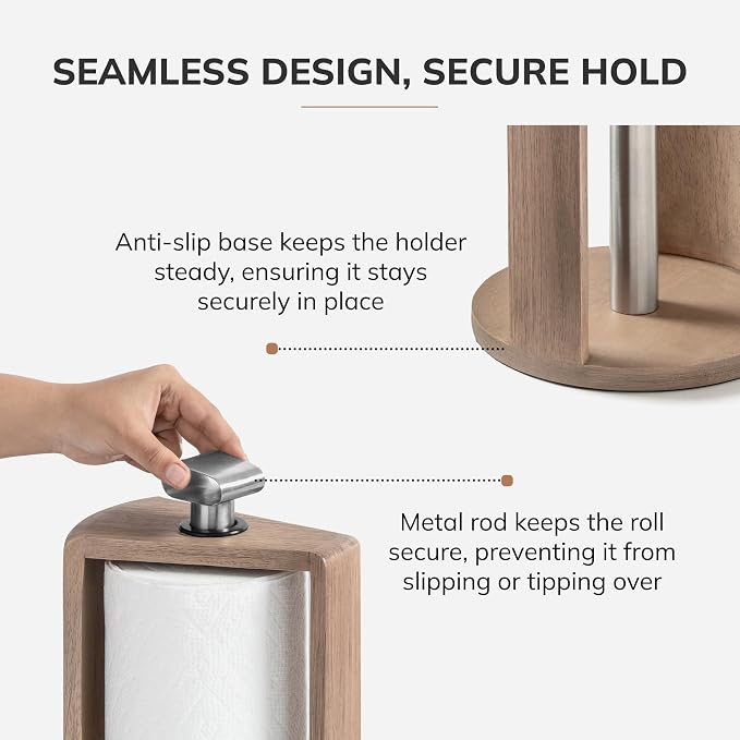 Anji Mountain Wooden Paper Towel Holder with Metal Holder, Holder Stand for Kitchen Roll Organizer & Kitchen Dining Table Home Décor, Countertop Fits Jumbo & Mega Rolls - Biscotti/Nickel, Top Load - Image 4