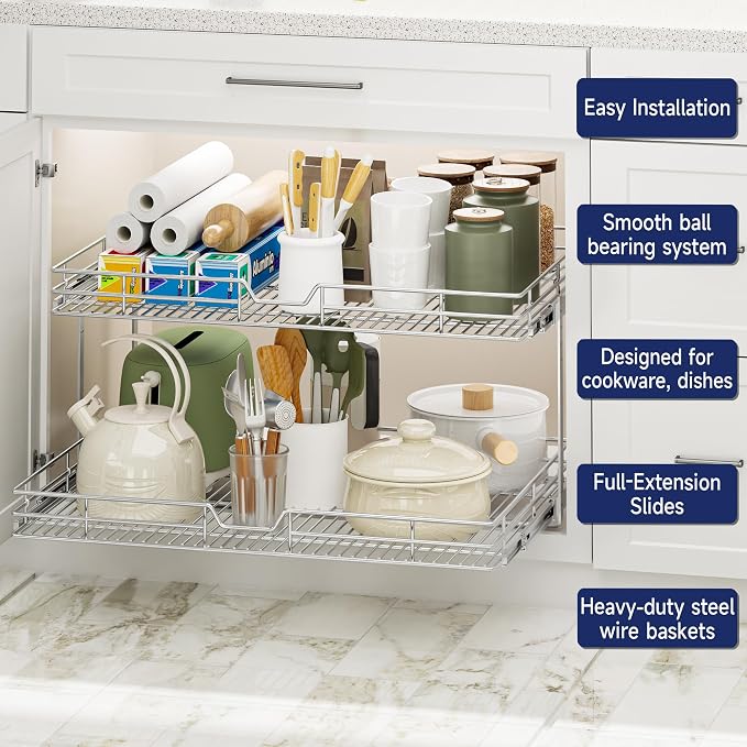 2-Tier Pull Out Cabinet Organizer, 30" W x 21.5" D, Heavy Duty Dual Slide Out Shelves for Wide Base Cabinets, Chrome Wire Basket Drawer for Pots, Pans, Pantry & Cleaning Supplies - Image 4