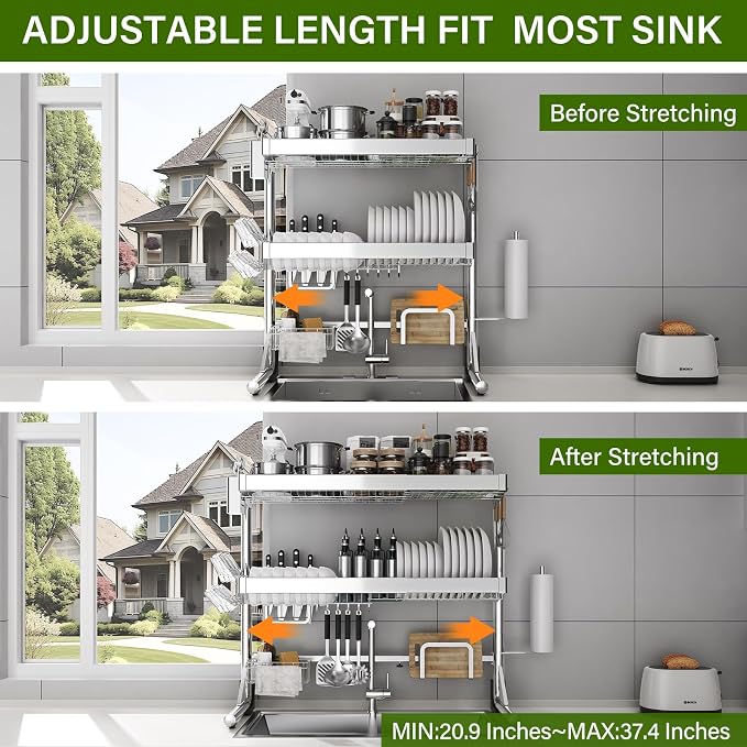 Over The Sink Dish Drainer Drying Rack 3 Tier, Full Stainless Steel Dish Drying Rack Adjustable Length 20.9''-37.4'', Kitchen Sink Shelf, Organized Space-Saving Dish Rack - Image 3