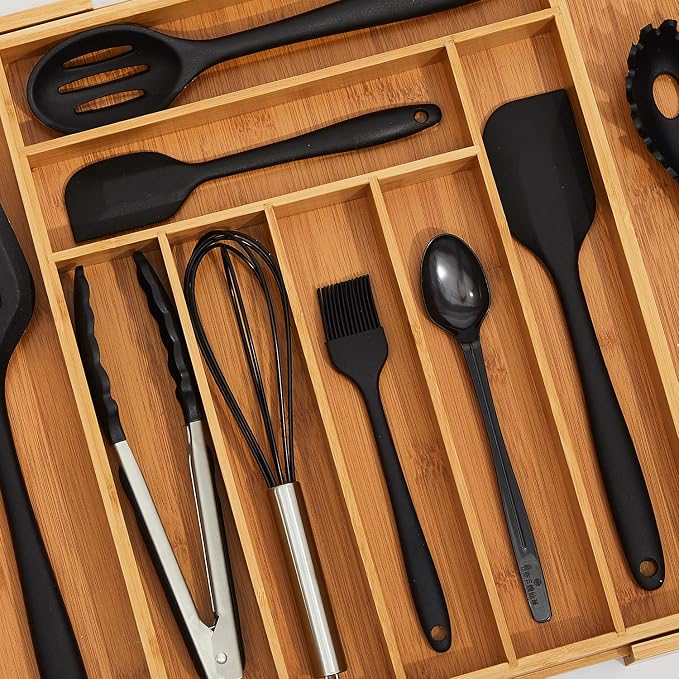 Bamboo Kitchen Drawer Organizer - Expandable Silverware Organizer/Utensil Holder and Cutlery Tray with Grooved Drawer Dividers for Flatware and Kitchen Utensils (9 Slots) - Image 4