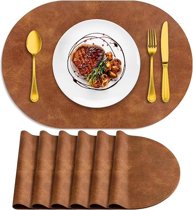 ADRIMER Placemats, Heat Resistant Oval Placemats Set of 6 Washable 12 x 17 Inch, Waterproof Table Mats, Wipeable Pu Place Mats for Kitchen, Dining Room, Turmeric Brown by Adrimersdreamistobeanindispensablecompanioninyourlife