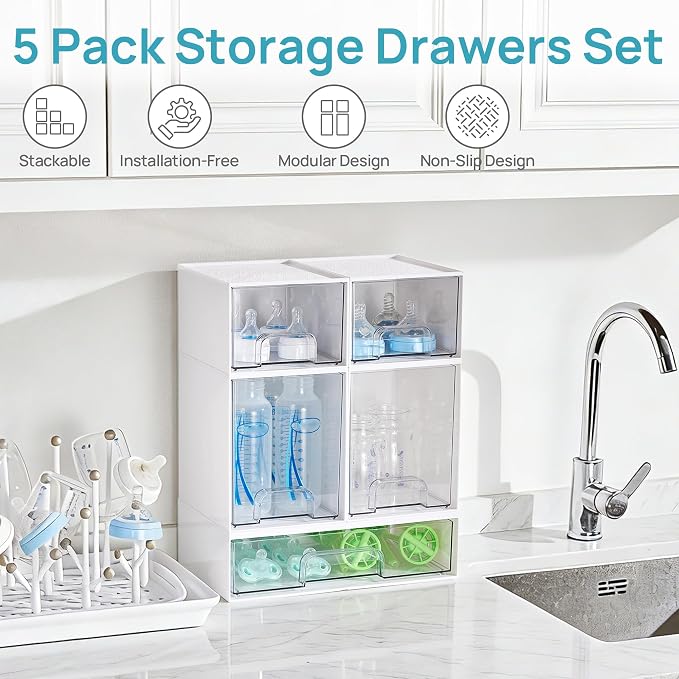 Vtopmart Stackable Storage Drawers Set of 5, Plastic Organizer Bins for Baby Bottle, Beauty Supplies Storage, Ideal for Kichen Countertop, Vanity, Bathroom, Cabinet, Pantry Organization,White - Image 4