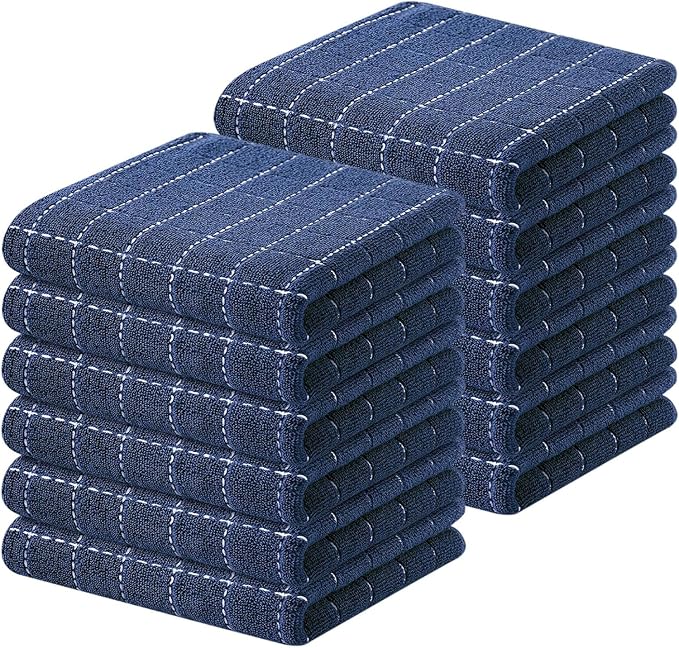 Kitinjoy 100% Cotton Terry Kitchen Towels, 13”x 28”, 12-Pack, Navy Blue | Checkered Designed, Ultra Soft Absorbent Quick Drying Dish Towels by Kitinjoy
