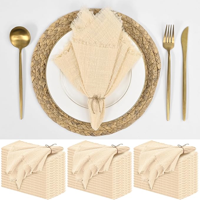 50 Pack Beige Cloth Napkins, 16 x 16 Inch Cotton with Fringe Settings | Handmade washable reusable cotton dinner napkins in bulk for weddings, parties, rustic boho table settings by FXKS
