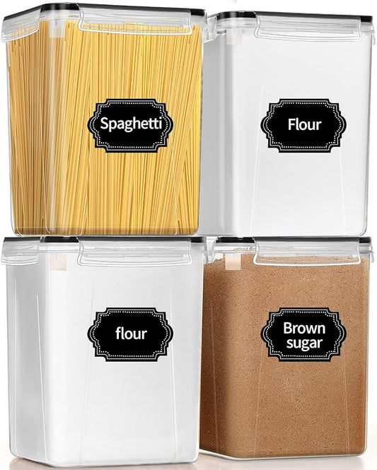 PRAKI Large Airtight Food Storage Containers 5.2L / 195oz, 4pcs Pantry Kitchen Organizers and Storage for Flour, Sugar, Baking Supplies, BPA Free, Plastic Flour Containers with 20 Labels & Maker by PRAKI