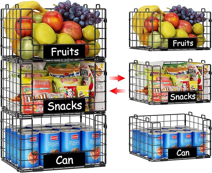 3 Pack XL Stackable Wire Baskets with Handle, Pantry Organizers and Storage | Snack Organizer & Vegetable Basket & Metal Pantry Bin & Fruit Basket for Kitchen Counter by JKsmart