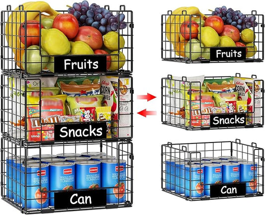 3 Pack XL Stackable Wire Baskets with Handle, Pantry Organizers and Storage | Snack Organizer & Vegetable Basket & Metal Pantry Bin & Fruit Basket for Kitchen Counter by JKsmart