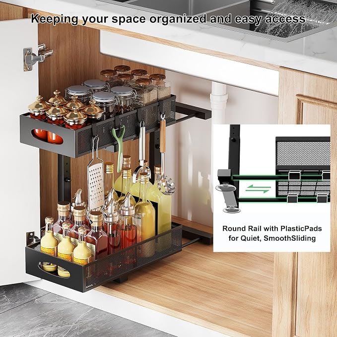 2-Pack Under Sink Organizer, 2-Tier Pull Out Cabinet Storage, Black | Rustproof Carbon Steel, Mesh Sliding Drawers, 5-Level Height Adjustable to Bypass Pipes, for Kitchen, Bathroom, Laundry - Image 7