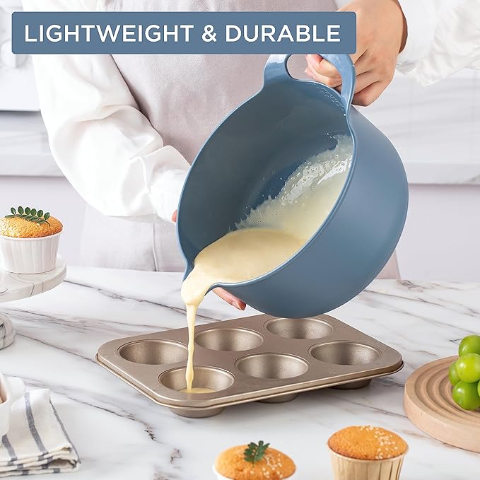 COOK WITH COLOR Nesting Plastic Mixing Bowl Set with Pour Spouts and Handles, Blue, 4 Piece Non-Slip - Image 3