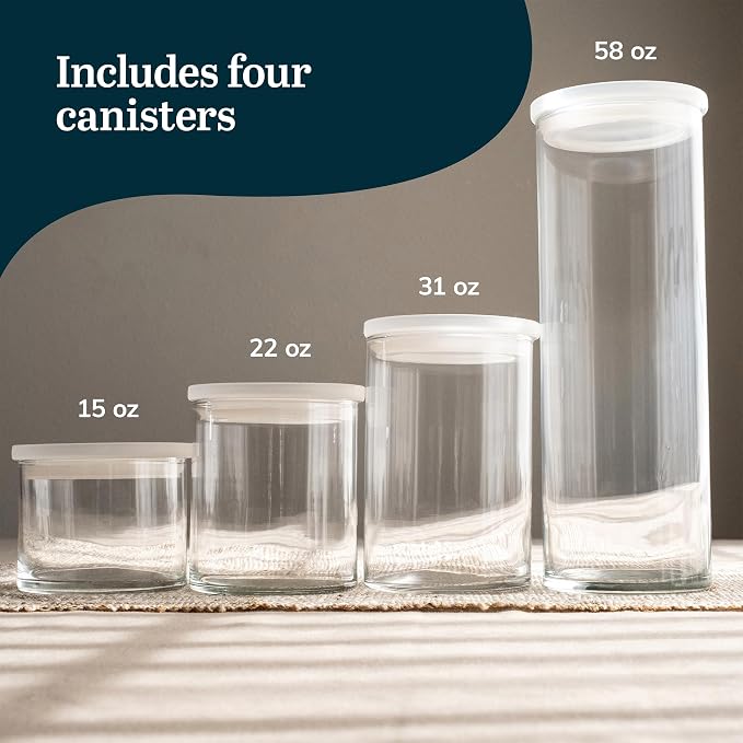 Libbey Stacking Cylinder Assorted Storage Jars, Stackable Glass Jars Set of 4, Airtight Plastic Lids, Dishwasher Safe Food Jars for Storing Dry Goods - Image 3