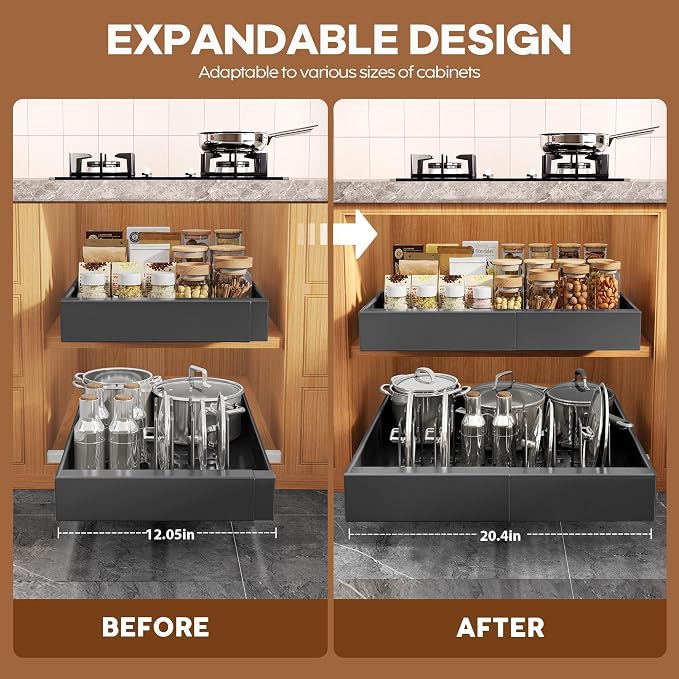 Seinloes 4Pack Expandable Pull Out Cabinet Organizer 21"Deep With Raising Pad for Framed Cabinets,Slide Out Drawers with 4pcs Divider Racks,Roll Out Shelves Adhesive,Adjustable Width 12.05"-20.4"Black - Image 3
