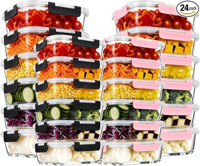 Konokyo 24 Pack Rectangular Glass Food Storage Containers with Lids, 12 Pink + 12 Black, Airtight Leakproof Meal Prep Containers, BPA-Free, Microwave Oven Freezer & Dishwasher Safe by Konokyo