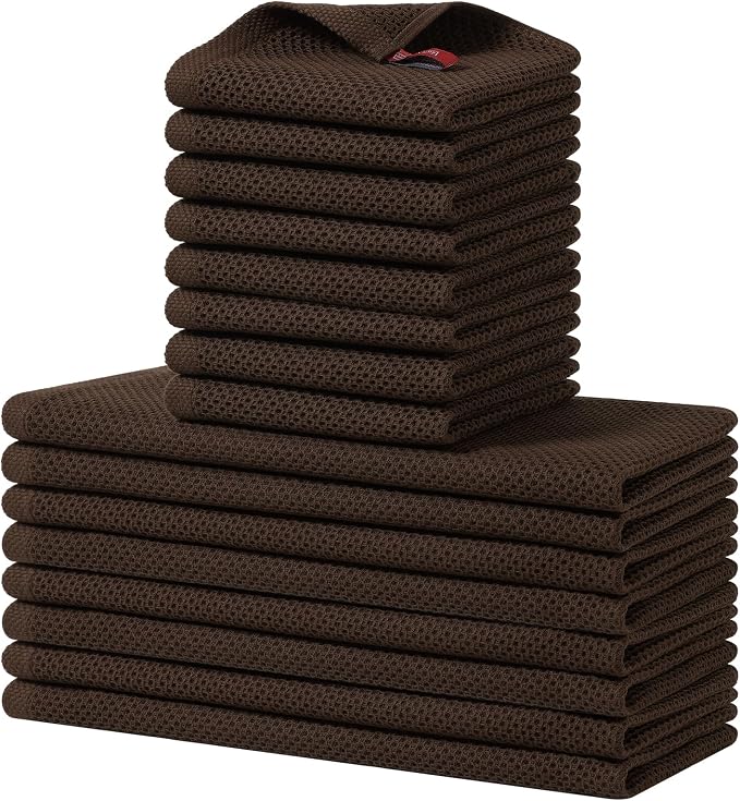 Homaxy 16 Pack 100% Cotton Kitchen Towels and Dishcloths Set, Dark Brown | 12 x 12 Inches and 13 x 28 Inches Kitchen Towels Set, Ultra Soft Absorbent Dish Cloths for Washing Dishes by Homaxy