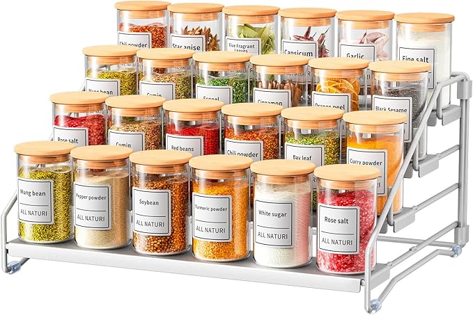 Spice Rack Organizer for Cabinet, Depth Adjustable 4 Tier Spice Rack,1 Pack | Silver, Metal Spice Organization for Cabinet, Easy Visibility, Tiered Spice Rack Perfect for Cabinet, Pantry and Countertop by RCHYFEED