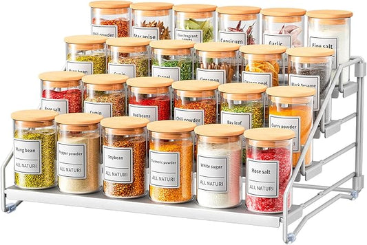Spice Rack Organizer for Cabinet, Depth Adjustable 4 Tier Spice Rack,1 Pack | Silver, Metal Spice Organization for Cabinet, Easy Visibility, Tiered Spice Rack Perfect for Cabinet, Pantry and Countertop by RCHYFEED