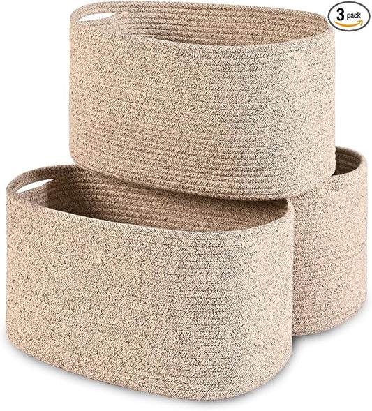 Cotton Rope Storage Baskets for Organizing 3Pack 15"x10"x9" Woven Baskets for Storage,Shelf Baskets Storage Bins Towel Baskets for Bathroom,Toys Baskets Nursery Basket Laundry Baskets(Brown) by HOMHOLDON