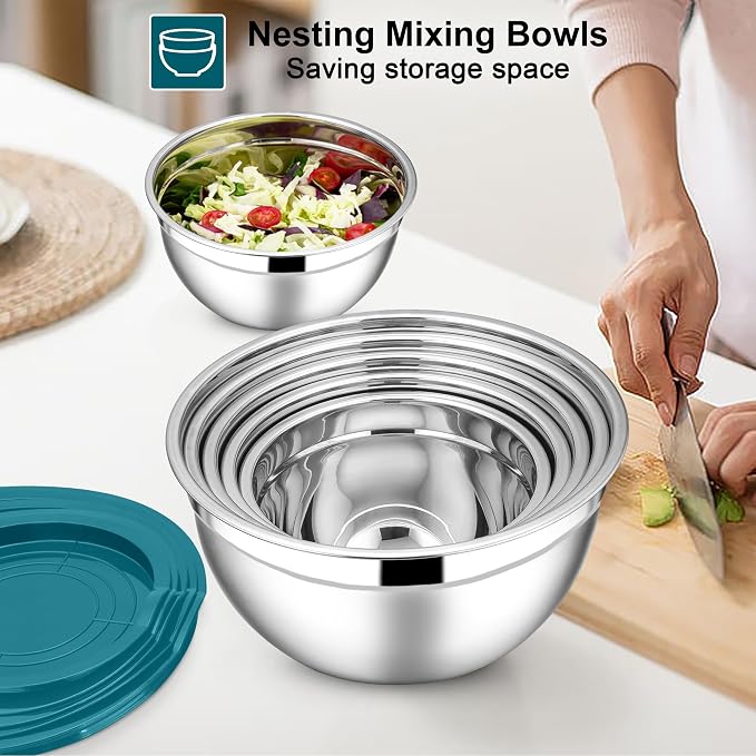 E-far Mixing Bowls with Lids Set, 7-Piece Stainless Steel Mixing Bowls with 3 Grater Attachments, Size 4.6, 3.5, 2.6, 2, 1.5, 1, 0.7QT, Metal Nesting Bowls & Blue Airtight Lids, For Baking/Cooking - Image 3