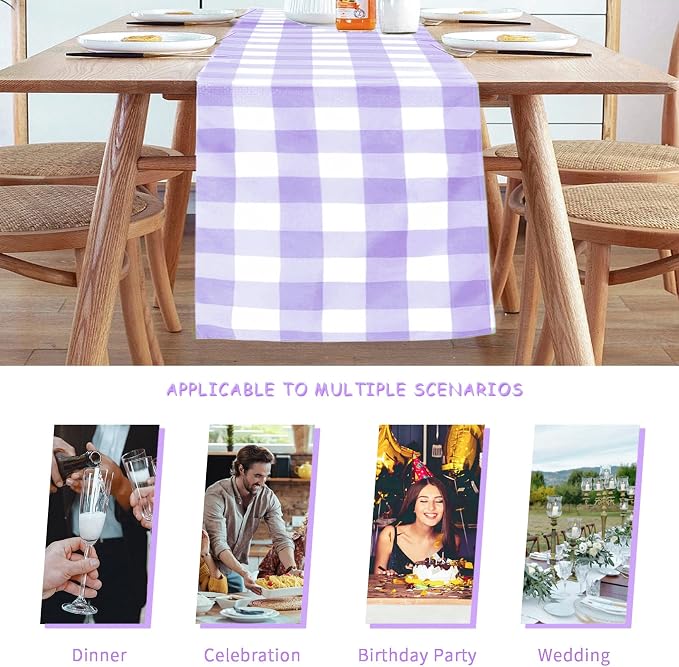 Cupuamon Fabric Checkered Table Runner 1 Pack Waterproof Gingham Table Runner 14W x 108L Buffalo Check Table Runners for Parties Kitchen Dining Wedding Banquet (Lavender and White) - Image 3