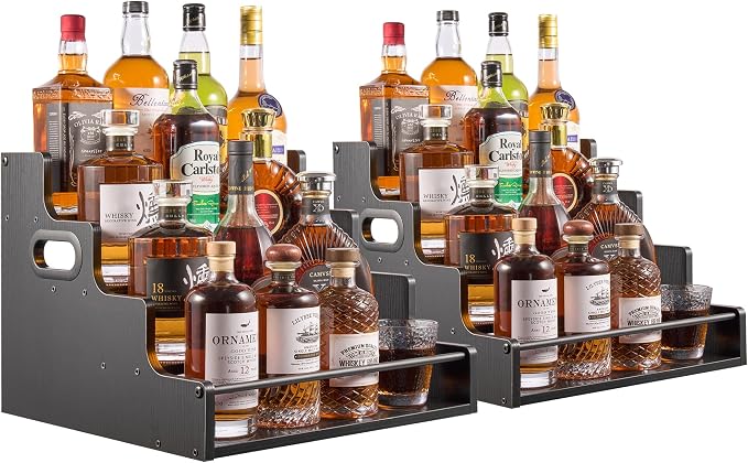 YQBRAO 2-Pack 4-Tier Liquor Bottle Display Shelf, 16-Inch, Black | Two racks hold up to 32 bottles total, with raised rows and side handles for large collections and entertaining spaces. by Unknown