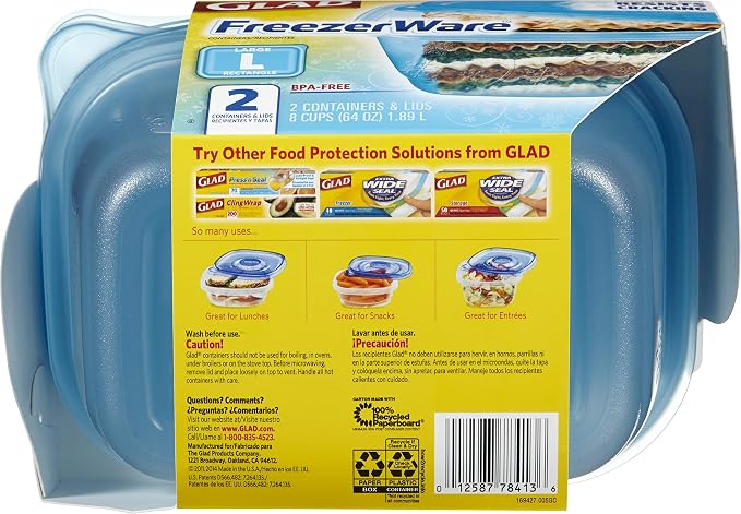Glad GladWare FreezerWare Food Storage Containers with Lids, Large Rectangle No BPA Plastic for Freezing Soups Meals and Batch Cooking, Crack Resistant, Microwave Dishwasher Safe, 64 Oz, 2 Ct - 6 Pk | Crack-resistant, large rectangle containers for fre... - Image 4