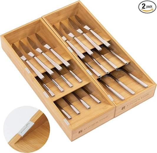Slanted Cutlery & Flatware Organizer, 2 Pack, Bamboo | 3-compartment slanted design, labeled slots, non-slip feet, sustainable bamboo by KitchenEdge