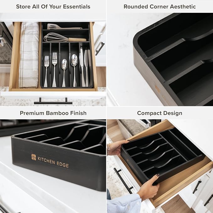 Silverware & Utensil Organizer, Fixed 10.5 in, Black | Cutlery, flatware holder, rounded corners, 7 compartments, non-slip feet, kitchen drawers - Image 4