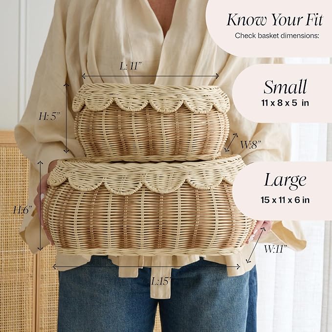 BEBE BASK The Original Scalloped Basket with Lid - Set of 2 (15x11x6 In) | Award Winner, Hand-Woven Rattan Scalloped Wicker Basket with Lid, Storage Baskets with Lids for Organizing, Scallop Basket - Image 4