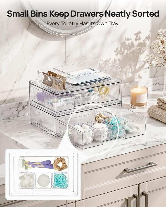 Vtopmart 12-Pack Clear Makeup Organizer Set with Drawer Organizer Bins | 2 Pack Stackable Storage Drawers & 10 Pack Drawer Organizer for Vanity Cosmetic, Bathroom Countertop, Desk - Image 5